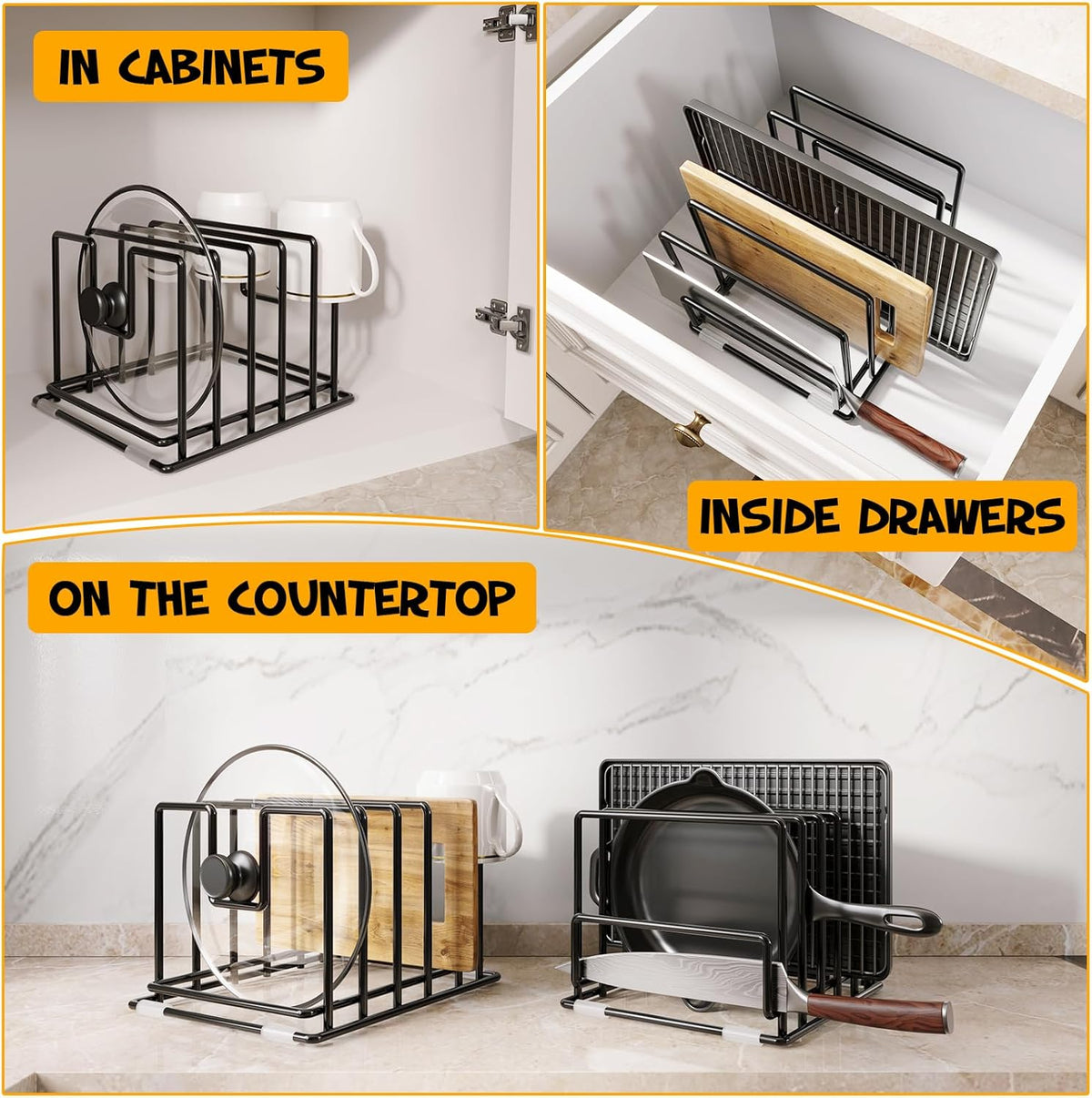 Cutting Board Organizer Rack with 7 Compartments, Heavy-Duty Iron Pan and Baking Sheet Organizer, Kitchen Cabinet Storage Rack with Non-Slip Base, Space-Saving Pot Lid Holder for Countertop & Pantry
