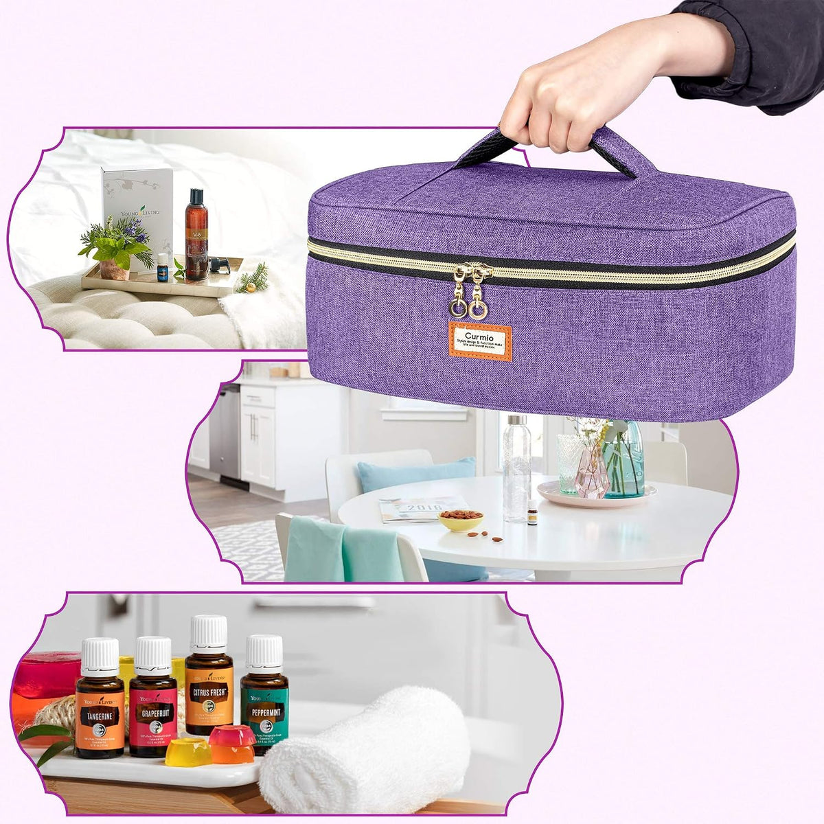 CURMIO Essential Oil Storage Case for 40 Bottles (5ml-30ml), Essential Oils Organizer Case with 2 Detachable Visible Pouches and Portable Handle, Patented Design, Gray (Bag Only)
