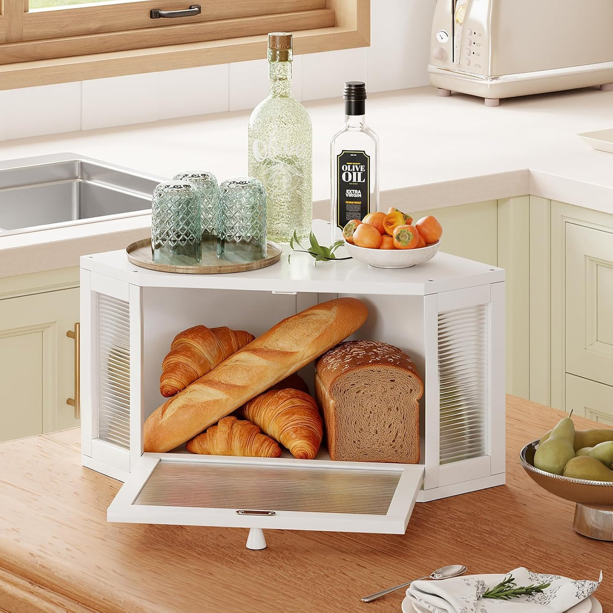 WOWLIVE Corner Bread Box for Kitchen Countertop, Bamboo Bread Storage Container, Large Farmhouse Bread Holder with Acrylic Wavy Door Panel, Multi-functional Container, Black