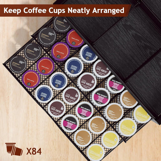 Homsorout Coffee Bar Organizer - Coffee Station for Countertop, Metal and Wood K Cup holder Storage Basket for Coffee Pods, Syrup, Cups, Stirrer, Coffee Condiment, Tea Organizer, Black and Brown