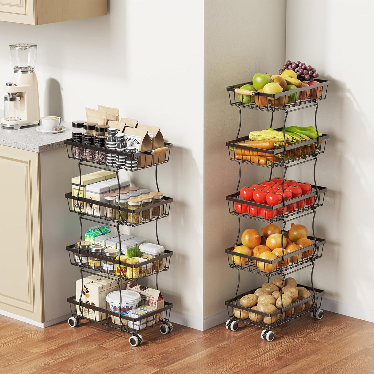 CHLORYARD 4 Tier Slim Fruit Basket for Kitchen, Stackable Metal Wire Fruit Vegetable Storage Baskets Organizer Stand on Wheels, Produce Basket Potato Onion Storage Bins Rack for Pantry. (Black)