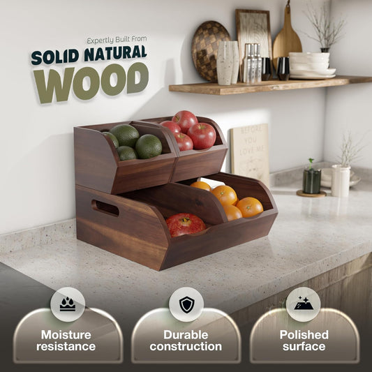 Acacia Wood Pantry Storage Bins - Stackable Open Front Kitchen Baskets for Potato, Onion, Fruit, Vegetable, and Bread Storage, Wood Organizer for Pantry (Warm Acacia)