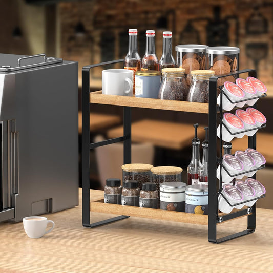 LEMIKKLE 2-Tier Coffee Bar Organizer With Basket,Wooden Counter Shelf for Coffee Bar Accessories,Kitchen Spice Rack Organizer for Countertop-Brown