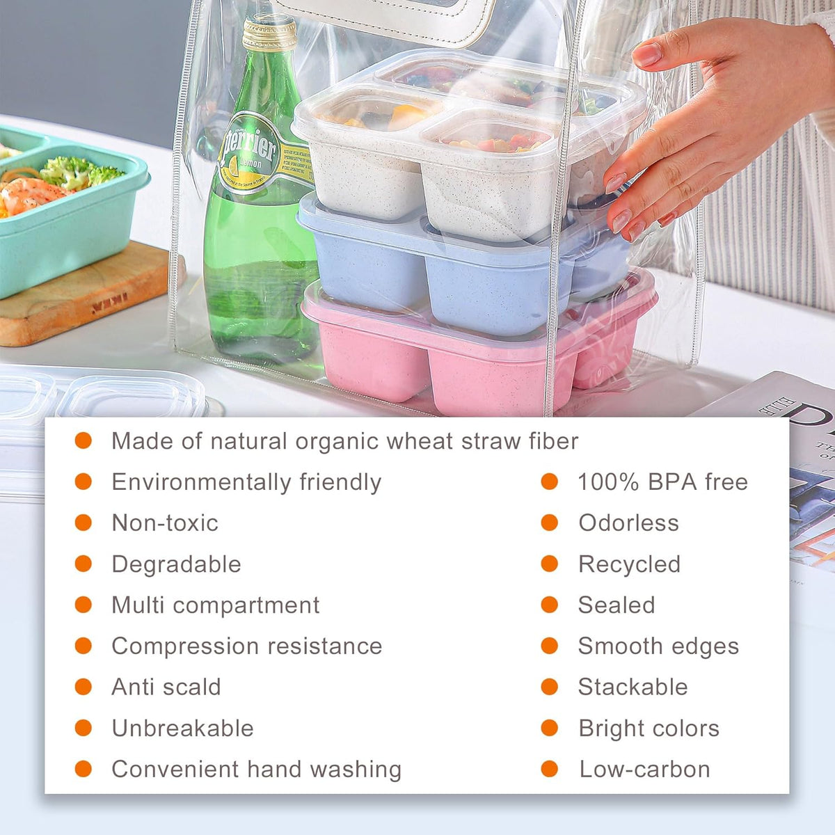 TOUWMX Bento Box For Kids, 4 Pack 3 Compartments Meal Prep Containers Reusable Lunch Containers, Food Storage Containers With Lids, Stackable Snack Boxes for School, Work, and Travel
