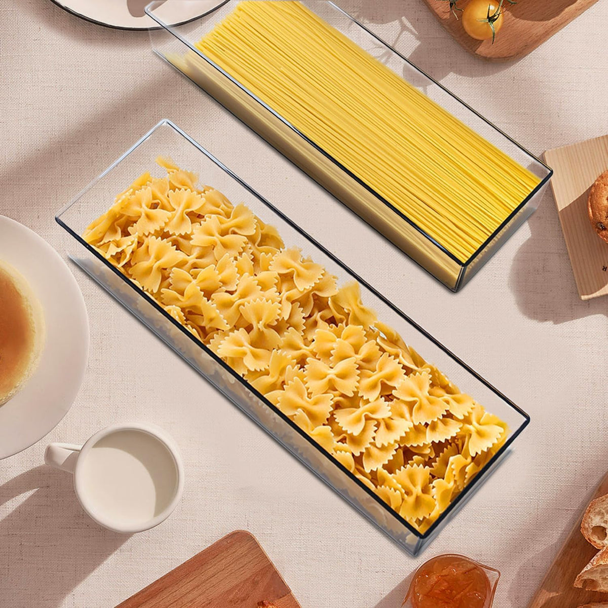 2 Pack Airtight Pasta Containers with Lid, 1.1L Spaghetti Noodle Food Storage Box, Clear Rectangular Cereal Canister for Kitchen Pantry, Plastic Stackable Food Organizer for Fridge