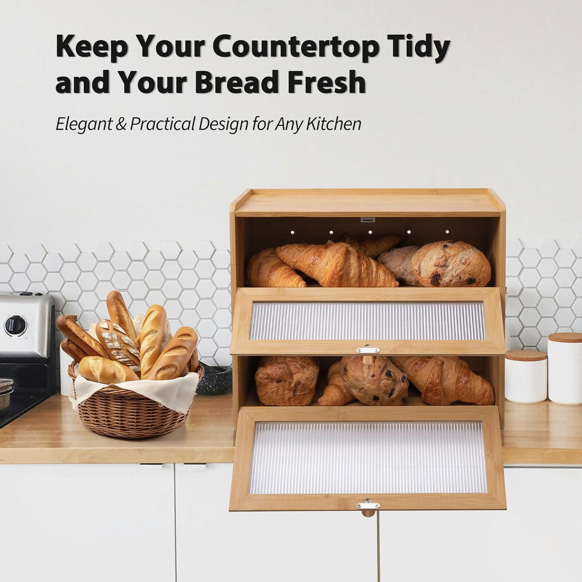 Double layer Bread Box for Kitchen Countertop Vitamin Organizer Supplement Bottle Organizer Vitamin Bottle Storage (Natural)