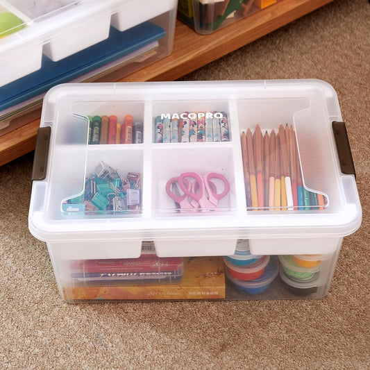 MACOPRO 17 QT Plastic Storage Box with Removable Tray, Bins with Lids, Clear Storage Container for Craft Supplies, Beads, Tools, Sewing, and Playdoh Organization (White, -17QT)