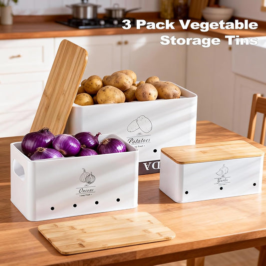 Potato Onion and Garlic Storage Bin Set of 3, Black Metal Kitchen Vegetable Canisters with Bamboo Lid and Aerating Holes, Stackable Kitchen Storage Tin for Countertop Pantry