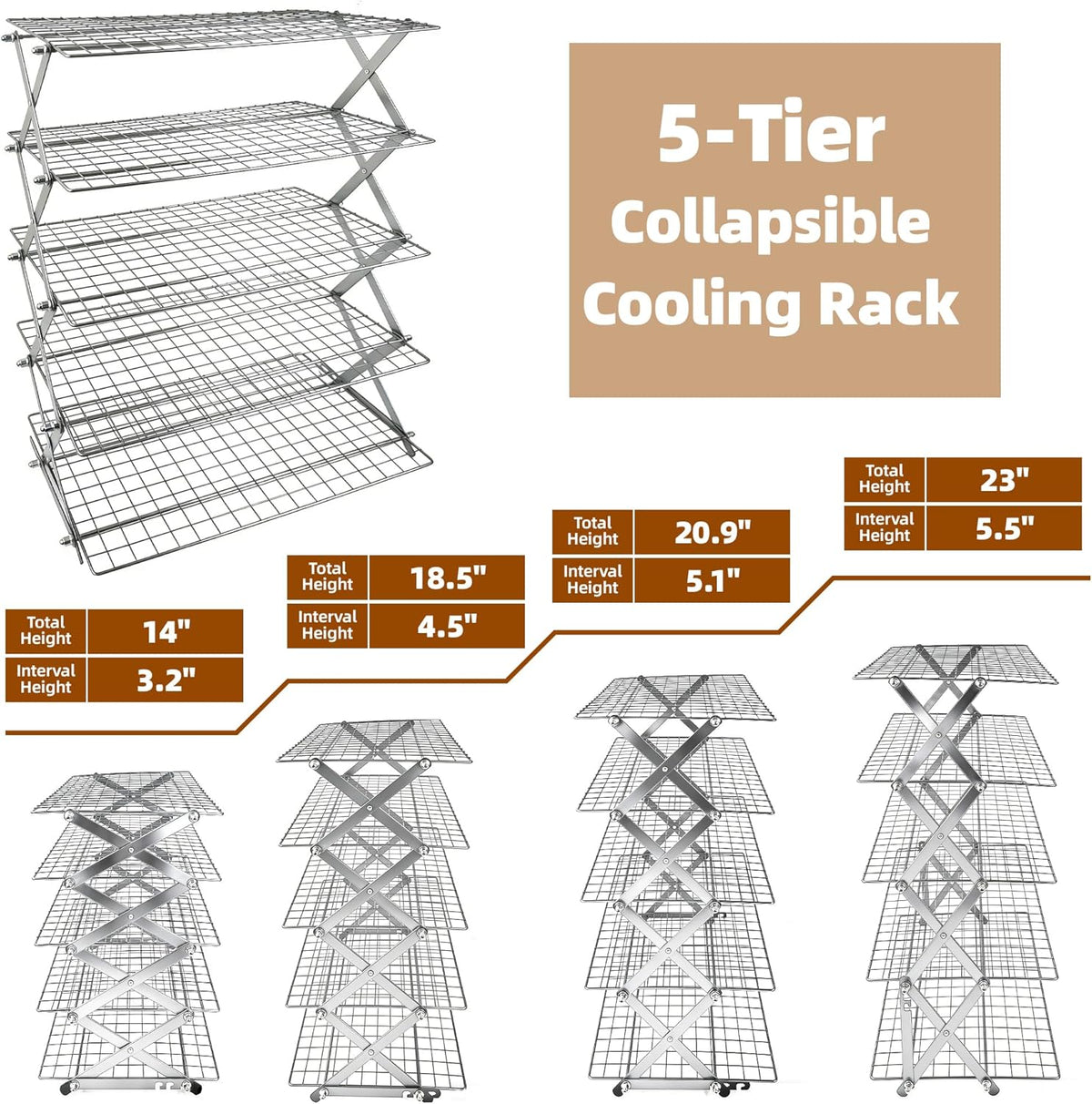 4 Tier Collapsible Cooling Rack with Adjustable 6 Setting Design stackable wire rack for baking sheet for Cookies Baking Gifts for Women (Black, 4-Tier)