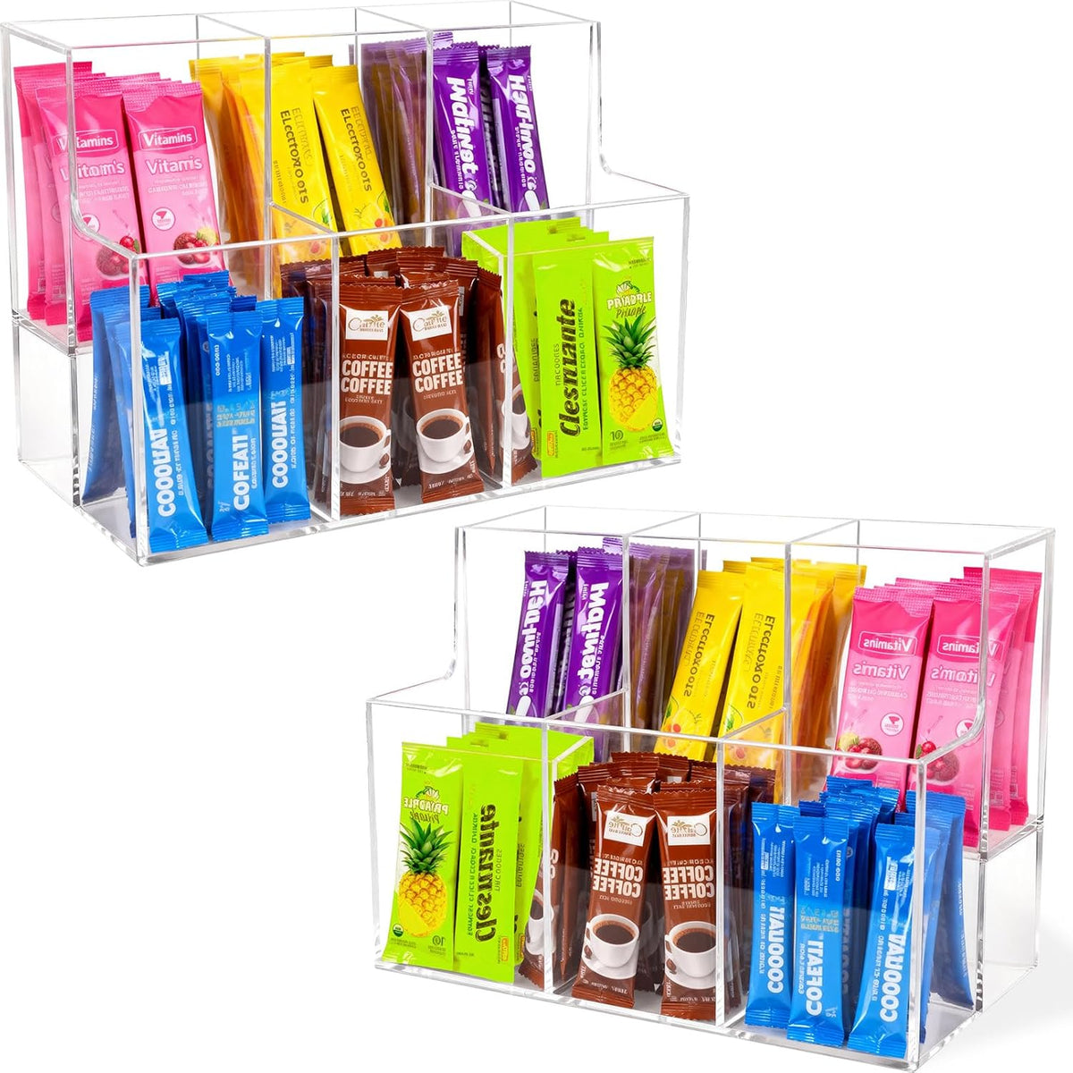 2-Tier Acrylic Drink Packet Organizer for Water Flavor & Hydration Powdered Mixes, Pantry Cabinet Kitchen Storage Holder Container