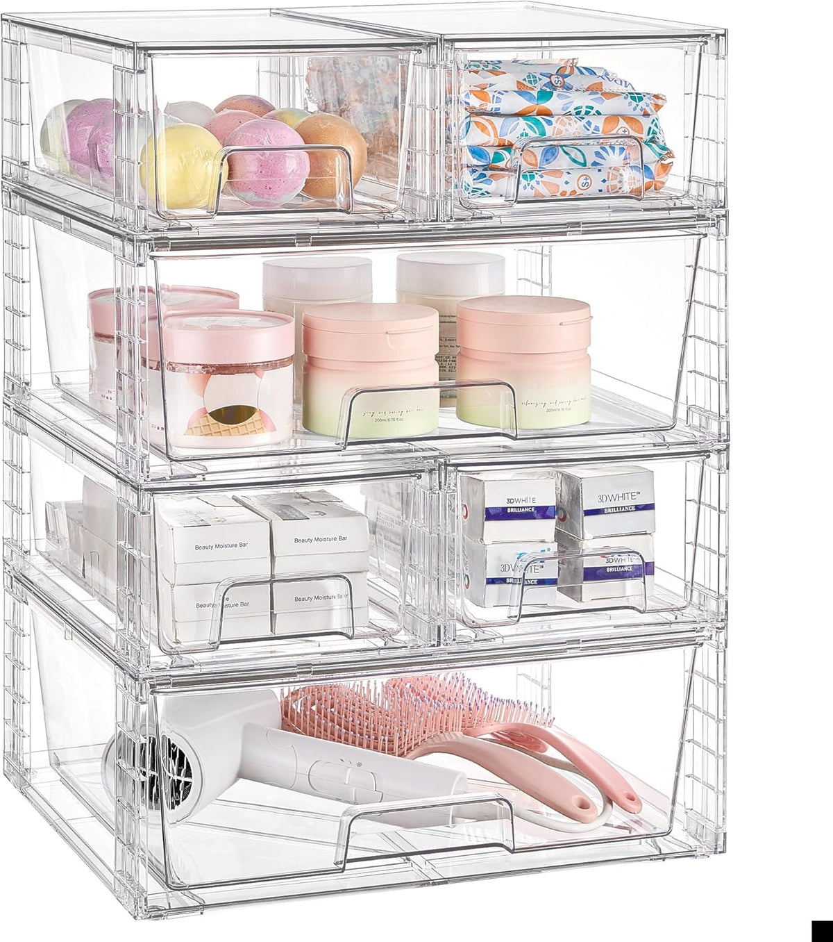 Vtopmart 3 Pack Clear Stackable Storage Drawers,Easy to Assemble Bathroom Organizers and Storage with handles,Plastic Drawers for Kitchen Pantry,Cabinet,Under Sink Organization