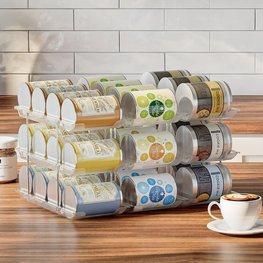 Stackable 3-Tier Can Organizer for Pantry & Fridge – Clear Auto-Rolling Rack Holds 36 Cans | Space-Saving Storage for Soda & Canned Food (3 Interlocking Sets)