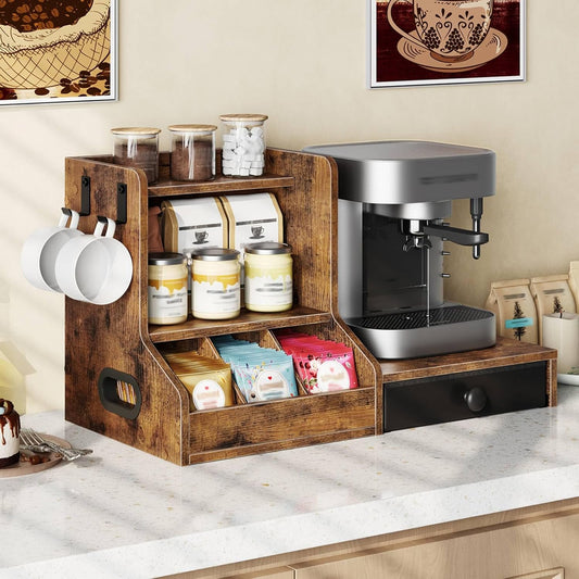HOOBRO Coffee Mug Tree, Coffee Mug Cup Holder with Drawer for 25K-Cup Pods, Mug Display Stand with 2 Hooks, 3 Tier Mug Stand Rack for Countertop, Holds Syrup, Tea Bags, Rustic Brown and Black BF05CR01