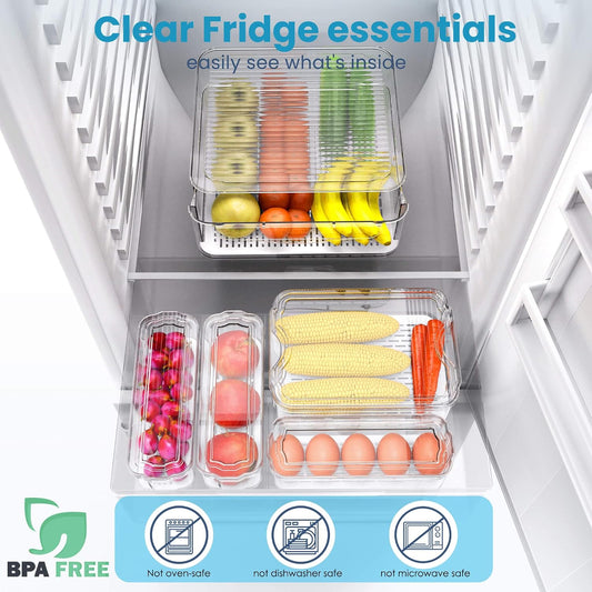 SMRCAD 6 Pack Refrigerator Organizers,Clear Pull-out Drawer Container and Organizer Bins with Lids, Stackable Storage Containers for Fruits, Vegetable (Set of 6 (Include Pull-out Drawer))
