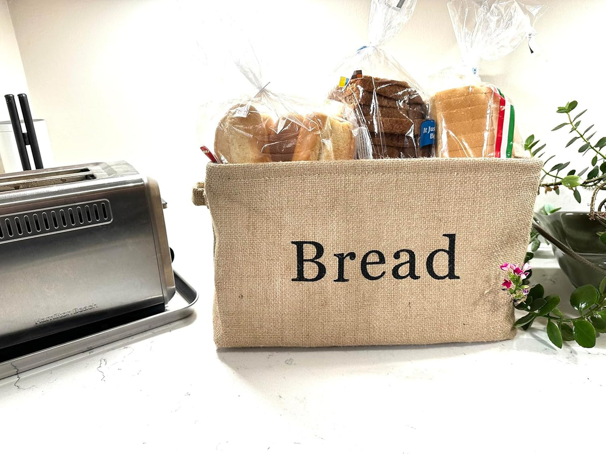 Bread Storage Bin- Burlap basket for keeping Bread, Rolls and other items for Kitchen Counter or Pantry