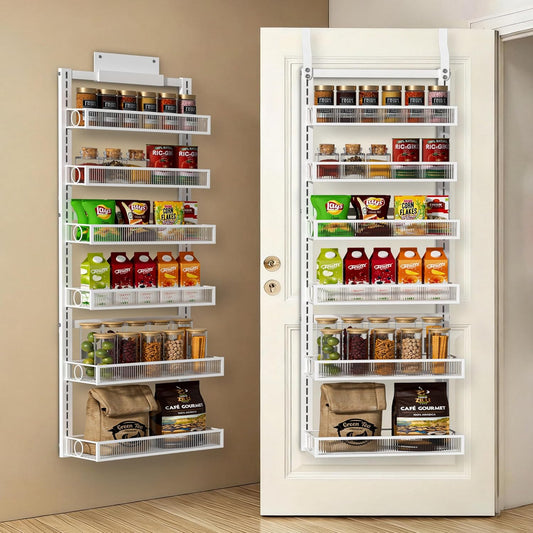 Over the Door Pantry Organizer 8 Tier Hanging Door or Wall Mounted Spice Rack with Adjustable Acylic Basket,Heavy Duty Metal Seasoning Storage Shelf for Kitchen Pantry and Bathroom