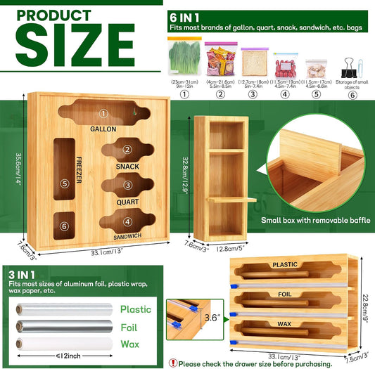 Sandwich Bag & Organizer, Aluminum Foil & Plastic Wrap Cutter, Bamboo Drawer Storage for Gallon, Quart Bags & 12" Rolls (9 in 1)