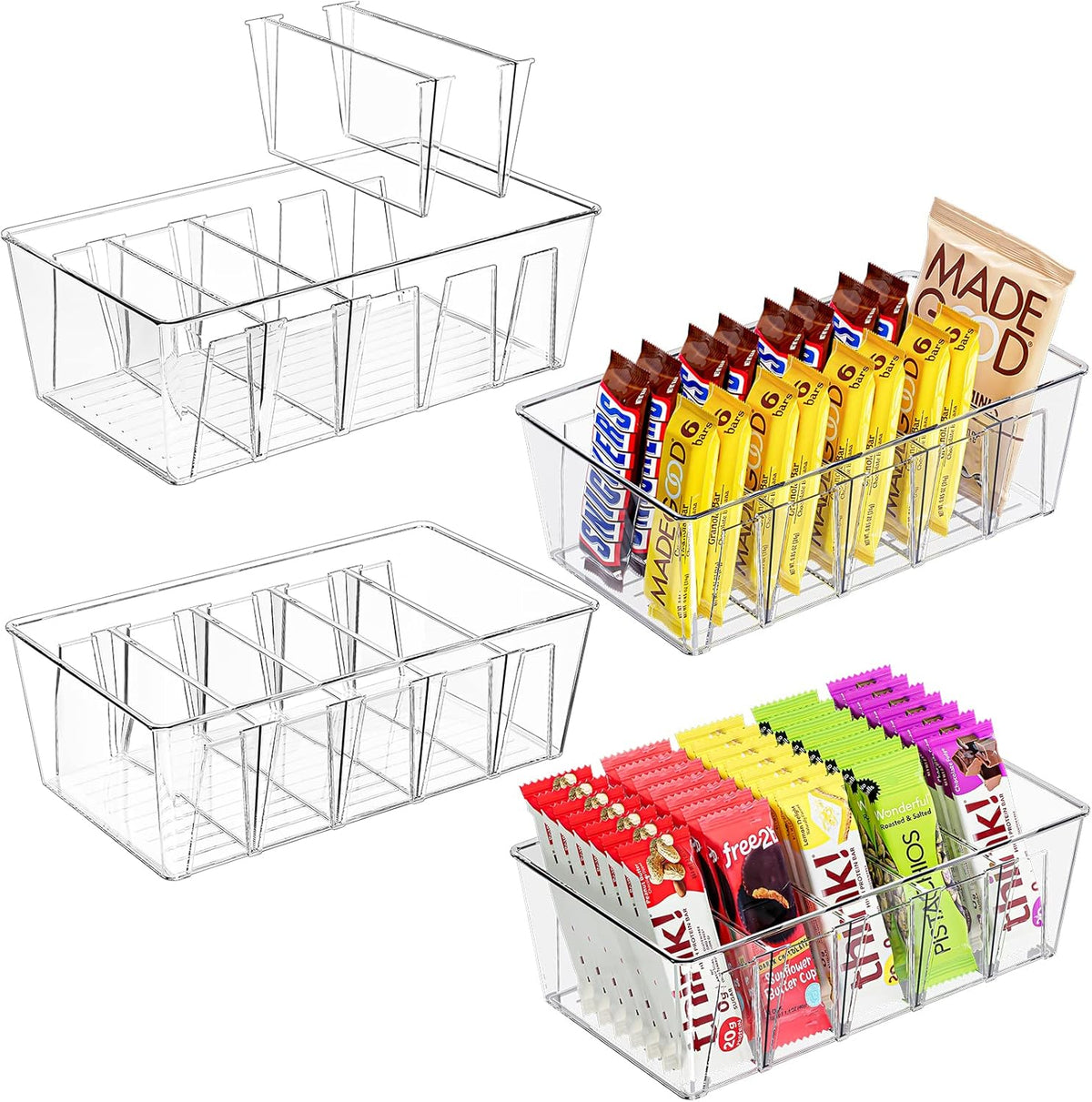 Puricon 2 Pack Pantry Organization and Storage Bins for Kitchen Fridge Countertop Cabinet, Stackable Clear Plastic Storage Racks with Removable Dividers, 5 Compartments for Snacks Packets Spices