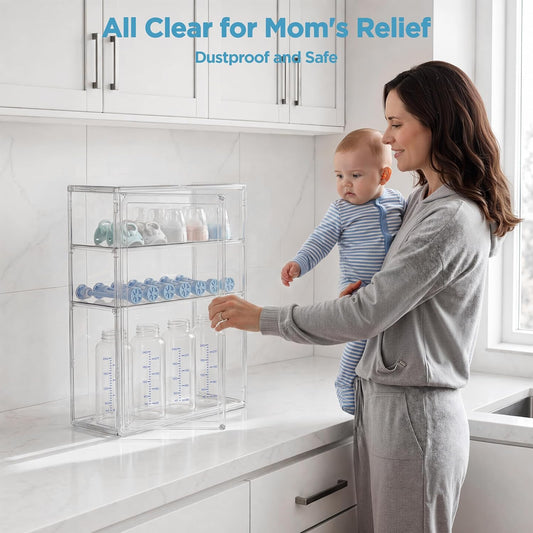 HBlife Baby Bottle Storage Organizer for Countertop Cabinet, 3 Tiers Adjustable Clear Acrylic Bottles Storage Station Case Box Container with 2 Removable Dividers and Magnetic Door, Large