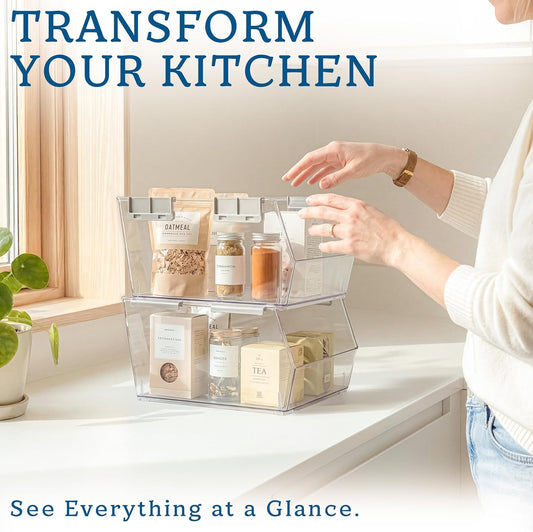 HOMESTEAD Set of 4 Stackable Storage Bins, 2 Large + 2 Small Clear Plastic Organizer Bins, Open Front Design for Kitchen Pantry, Fridge, Cabinet, Bathroom Organization and Snack Storage