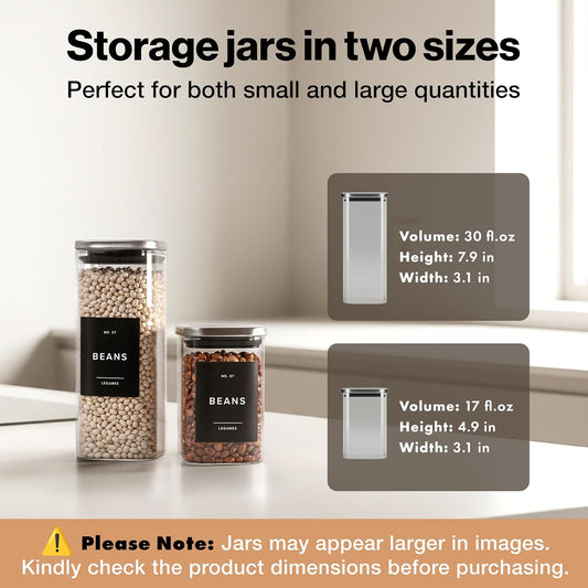 EDELHAUS Square Glass Storage Containers with Bamboo Lids 12-Pack (4x 30 oz, 8x 17 oz) Airtight Glass Storage Jars with Lids for Food, Stackable Glass Kitchen Canisters with 114 Labels for Pantry