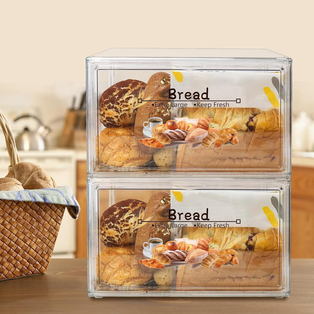 RISICULIS Large Bread Box for Countertop, Stackable Double Layer Storage Container, Clear Boxes for Kitchen Counter, Bread Keeper for Homemade Bagel, Muffins, Rolls