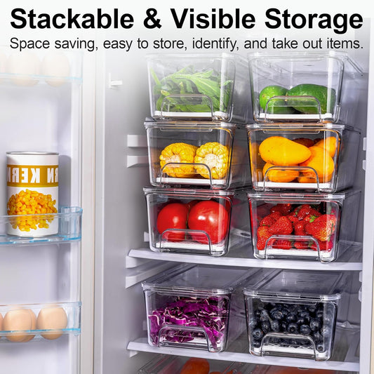 4-Pack Stackable Fruit Storage Containers for Fridge, Clear Pull-Out Drawer Organizer Bins with Lids & Drain Tray, Keep Fresh, Removable Refrigerator Container for Berry, Veggie, Drinks, Food