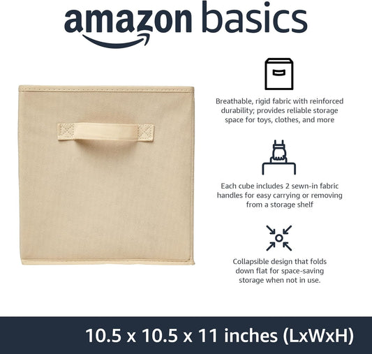 Amazon Basics Collapsible Fabric Storage Cubes Organizer with Handles, Sturdy Storage Bins for Organization, 10.5" x 10.5" x 11", Beige, 6-Pack