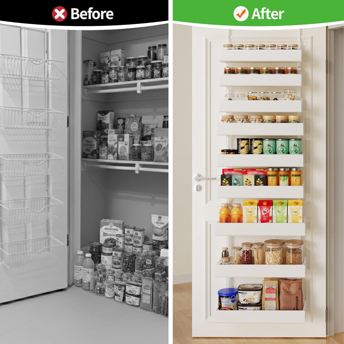 Over The Door Pantry Organizer, 6-Tier Pantry Organization and Storage, Hanging Spice Rack, Metal Cabinet Pantry Door Organization for Home & Kitchen Office Laundry Room Bathroom, White