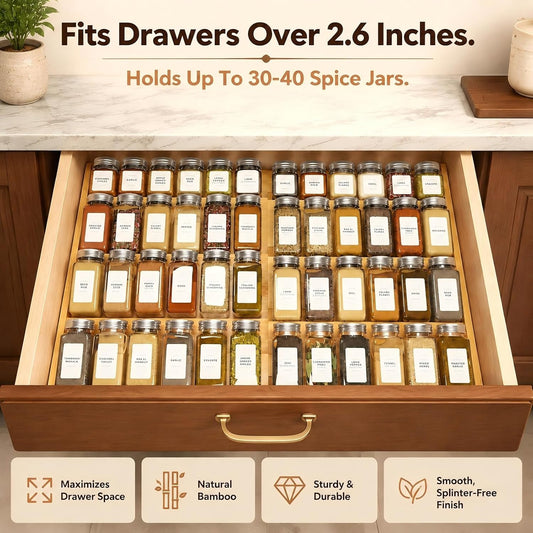 Bamboo Spice Drawer Organizer Expandable(Need 2.6" Deep Drawer), 4-Tier Spice Rack Drawer Insert for Kitchen Cabinets(From 12" to 21.9" Wide), Adjustable Seasoning Storage Insert (Jars Not Included)