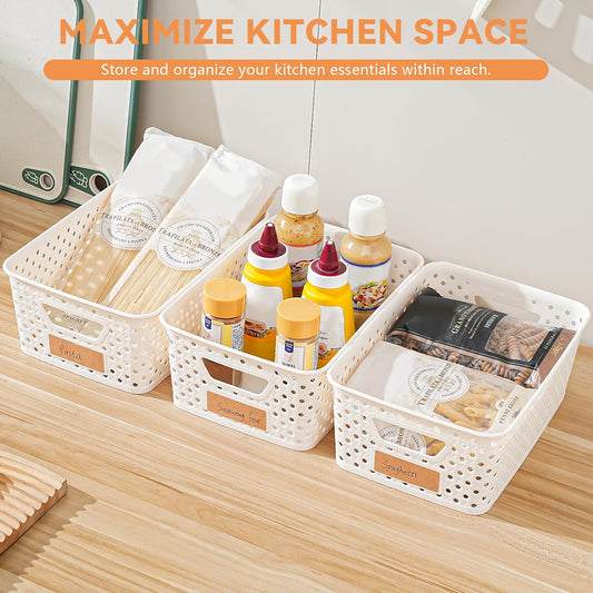 12 Pack Plastic Storage Baskets for Organizing, Storage Baskets for Shelves with Handles, Small Storage Bins with Labels, Organizer Baskets for Cabinet,Closet, Office