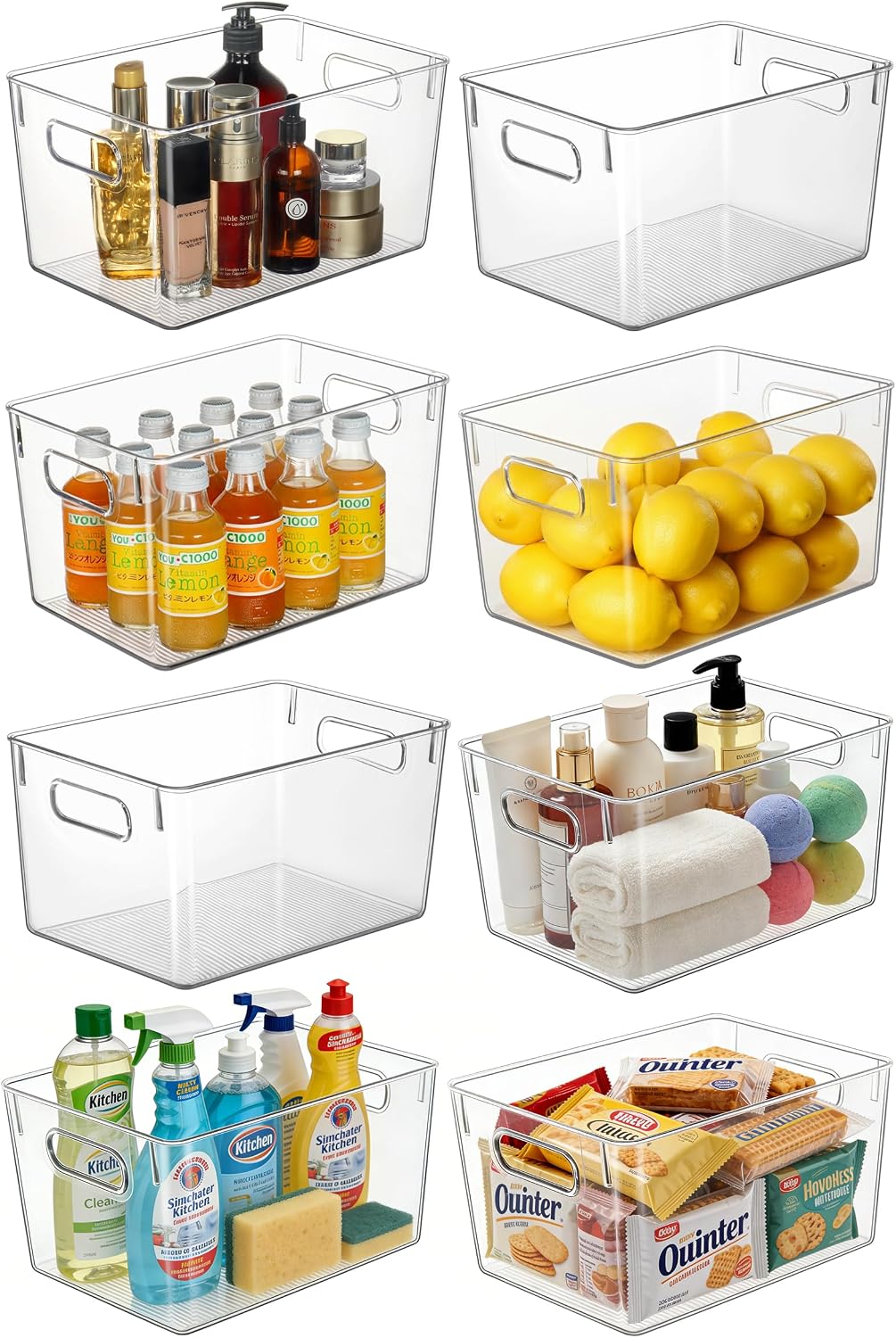 Hudgan Set of 8 Clear Plastic Storage Bins 4 Large and 4 Small Stackable Storage Containers for Pantry Organizers and Kitchen Storage, Cabinet, Freezer, Under Sink Organization