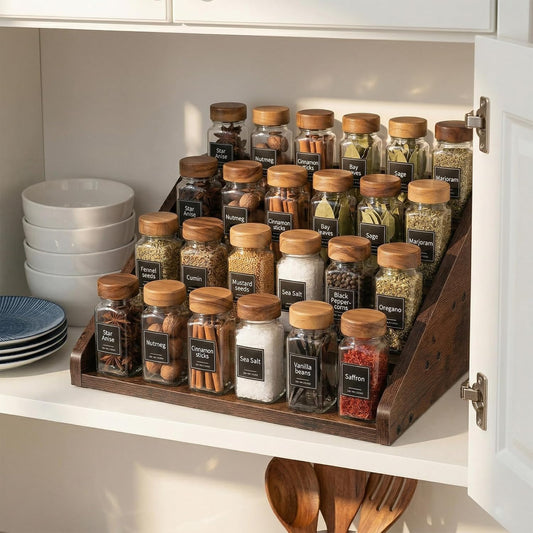 Wood 4 Tier Spice Rack, 13 x 10 x 6.5 Inch Wooden Tiered Spice Rack Rustic Wood Condiment Jar Display Riser Shelf for Countertop, Cabinet, Kitchen Organization (Dark Brown)
