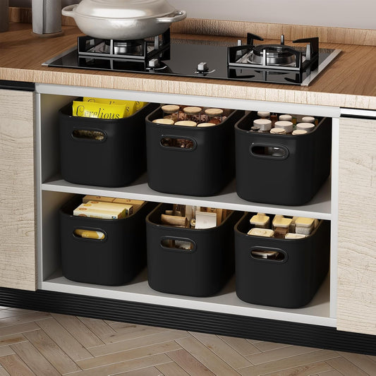 ORGIDOL Black Plastic Storage Bins, Storage Container for Organizing, Storage Boxes with Handle for Shelves, Cute Organizer Bins for Craft, Snacks, Pantry, Cabinet, 9.69x6.7x5.7 inch