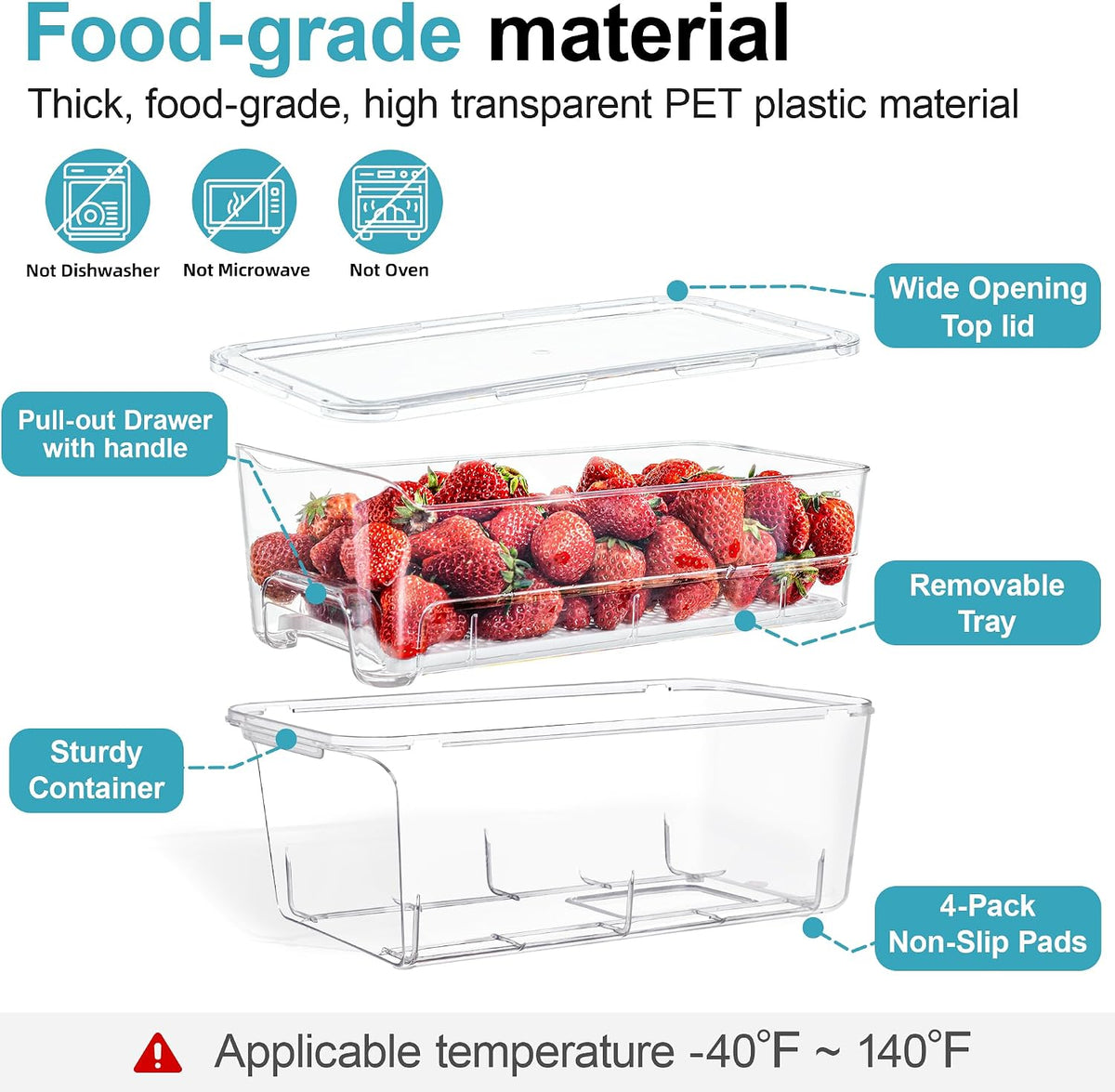 4-Pack Stackable Fruit Storage Containers for Fridge, Clear Pull-Out Drawer Organizer Bins with Lids & Drain Tray, Keep Fresh, Removable Refrigerator Container for Berry, Veggie, Drinks, Food