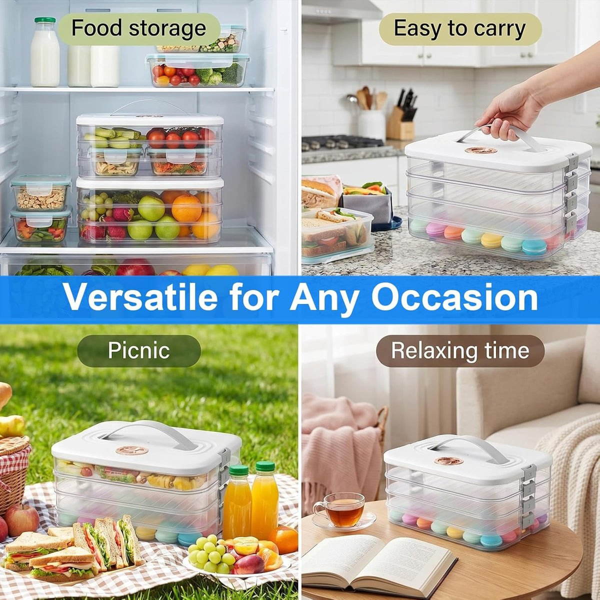 4 Layer Dumpling Box Cookie Containers with Lids Stackable Food Storage Container for Fridge Freezer Snack Organizer 12x9.1x5.9 Inch