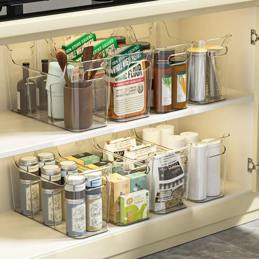 Tall Narrow Clear Bins with Dividers, Plastic Containers for Organizing Kitchens and Bathrooms - 14" L, 2 Pack