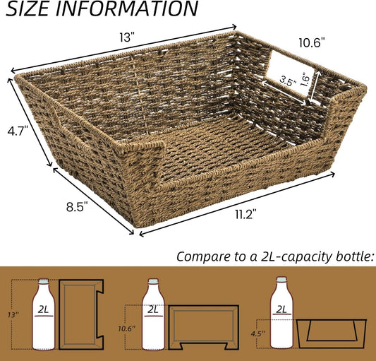 2 Pack Open Front Storage Baskets, Brown Paper Rope Woven Basket with Built-in Handles, 13''W x 10.6''D x 4.7''H Pantry Organzier Bins for Shelf, Bedroom, Living Room, Pantry
