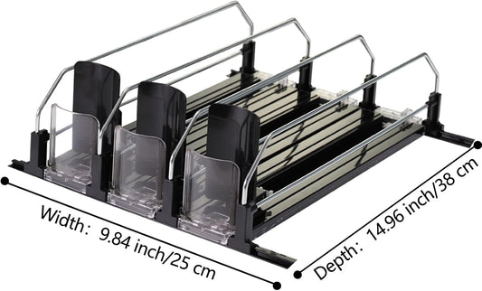 Soda organizer for Fridge, Automatic Push Drink Organizer for Refrigerator - Adjustable Width (Holds 15 Cans), Durable Beer & Drink Dispenser with Self-Pushing Glide System, Black