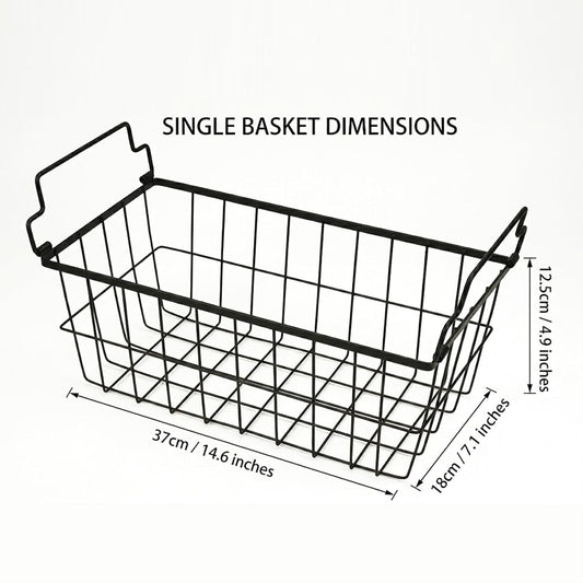 Freezer Organizer Bins, Deep Chest Freezer Baskets Stackable 4 Pack - Wire Metal Bins with Folding Handles, 30LBS Capacity, 14.6"×7.1"×4.9", Includes Baggy Rack