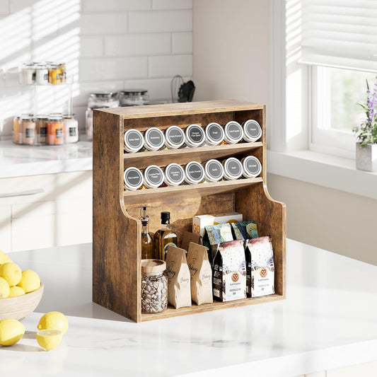 Spice Rack Organizer, 3 Tire Wood Kitchen Counter Spice Rack, Large Counter Seasoning Organizer Storage Shelf for Pantry, Kitchen, 7” W × 14.3” H, Brown