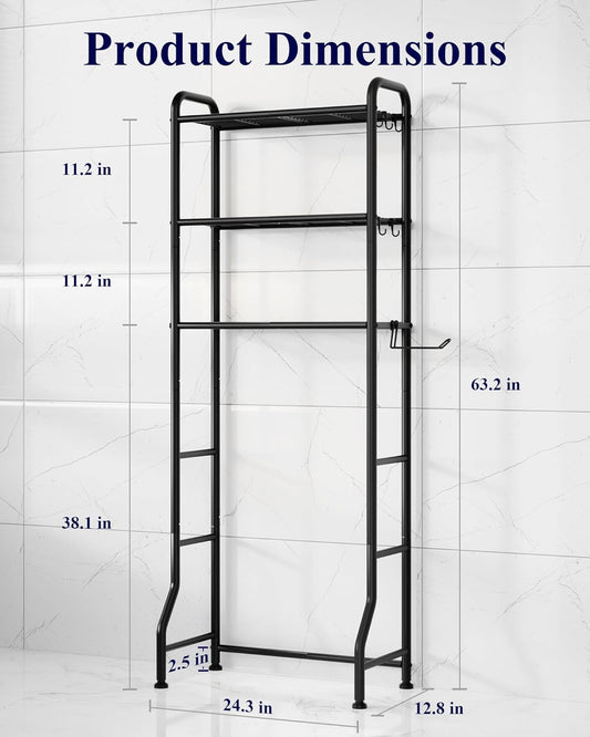 Over Toilet Storage Rack, 63.2" H Space-Saving, Holder & Hooks | Bathroom, Laundry Room, Small Spaces, Families, Durable Metal, Black, 3 Tier