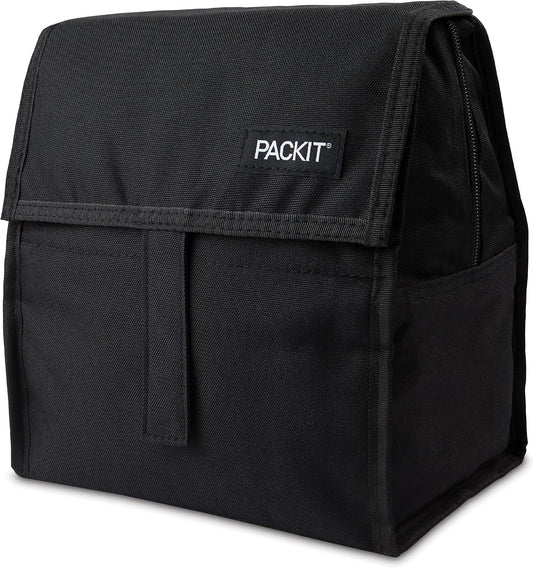 Freezable Lunch Bag, Black, Built with EcoFreeze Technology, Foldable, Reusable, Zip and Fold Closure with Buckle Handle, Perfect for School and Office Lunches