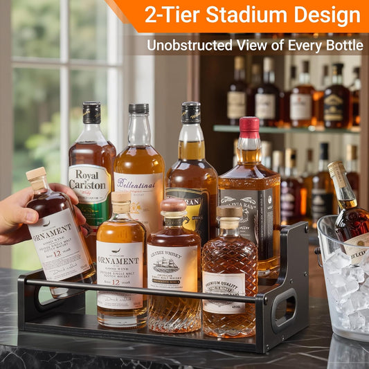 4-Tier Liquor Bottle Display Shelf, 16-Inch, Rustic Brown | Holds up to 16 bottles with stepped visibility, sturdy support, and side handles for whiskey, bourbon, bars, and kitchens.