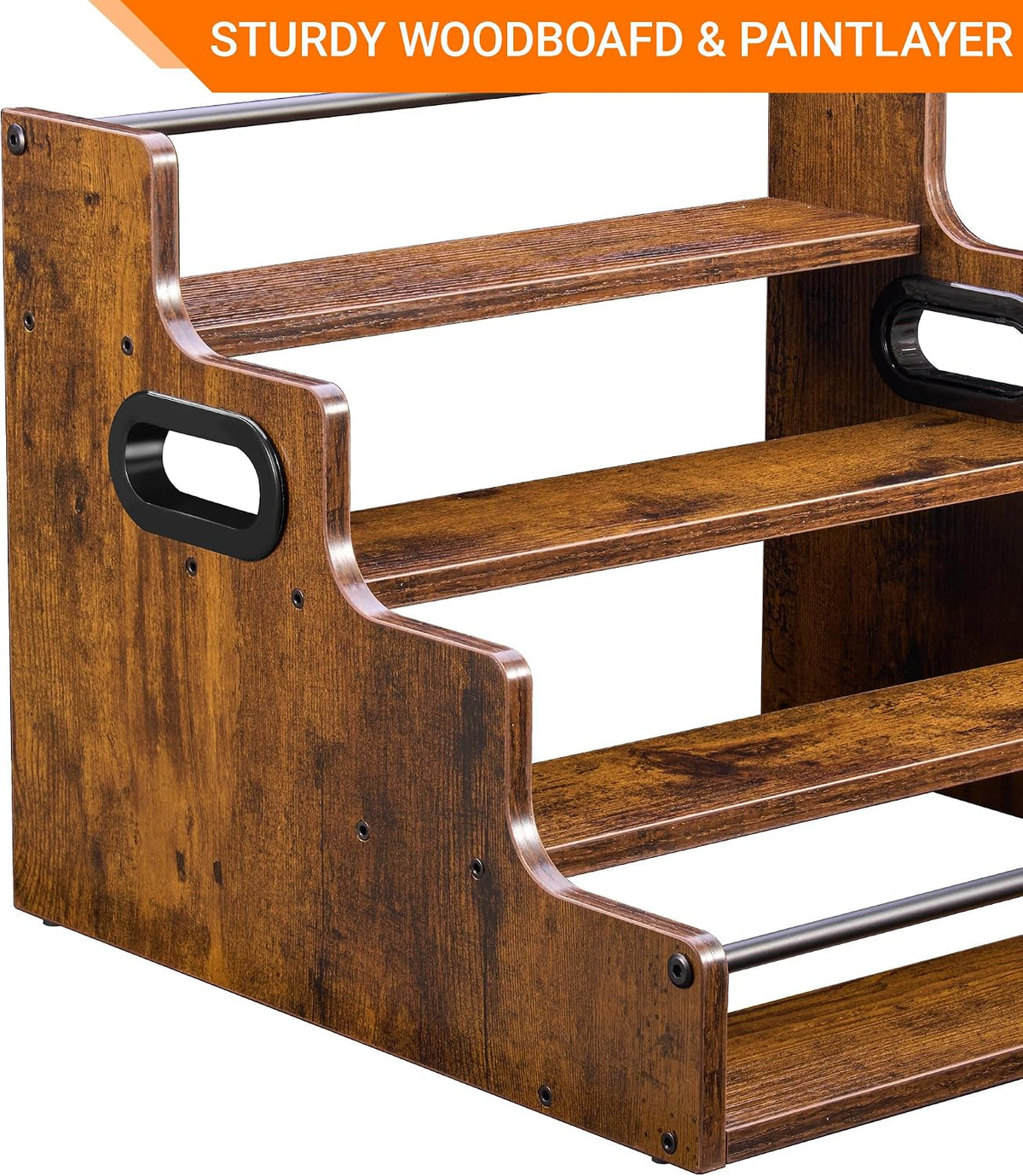 4-Tier Liquor Bottle Display Shelf, 16-Inch, Rustic Brown | Holds up to 16 bottles with stepped visibility, sturdy support, and side handles for whiskey, bourbon, bars, and kitchens.