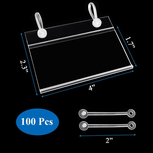 100 Pack Plastic Wire Shelf Label Holders, 4" x 2.3" Clear Price Tag Holder Sign & Ticket Holder with Double Snap Lock Closure, Reusable Basket Label Holders for Market, Retail Shop, Pantry