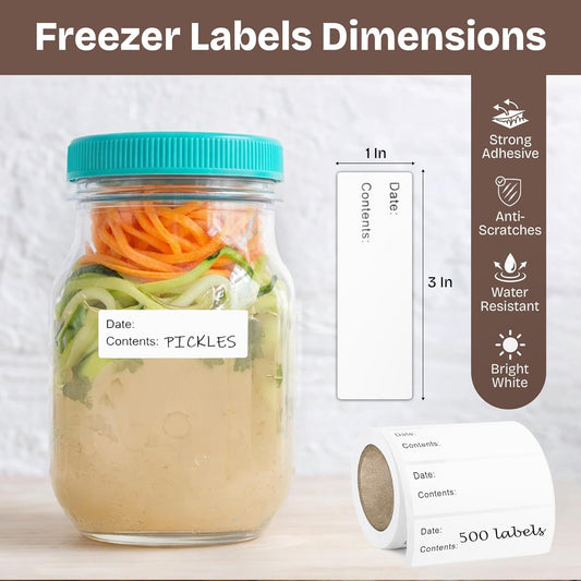 Removable Freezer Food Labels, 500 Count, 1 x 3 in, Waterproof Easy Peel | Oil & water resistant, no residue, write-on surface, for freezer bags, jars, containers, meal prep & kitchen use