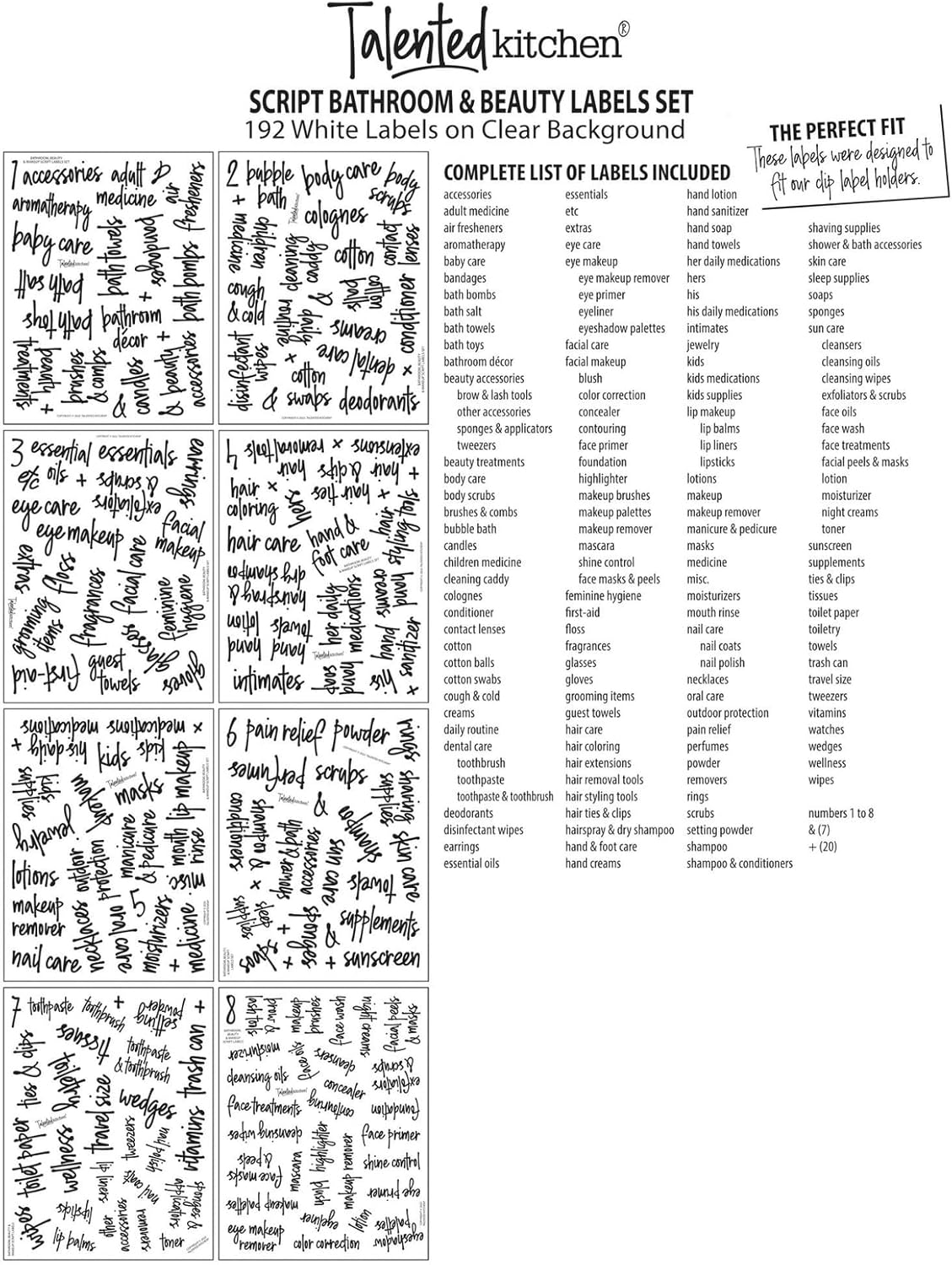 Bathroom Organization Labels White Script - 192-Pack Various Sizes - Clear Vinyl Water-Resistant Preprinted Lettering for Bathroom Storage & Essentials
