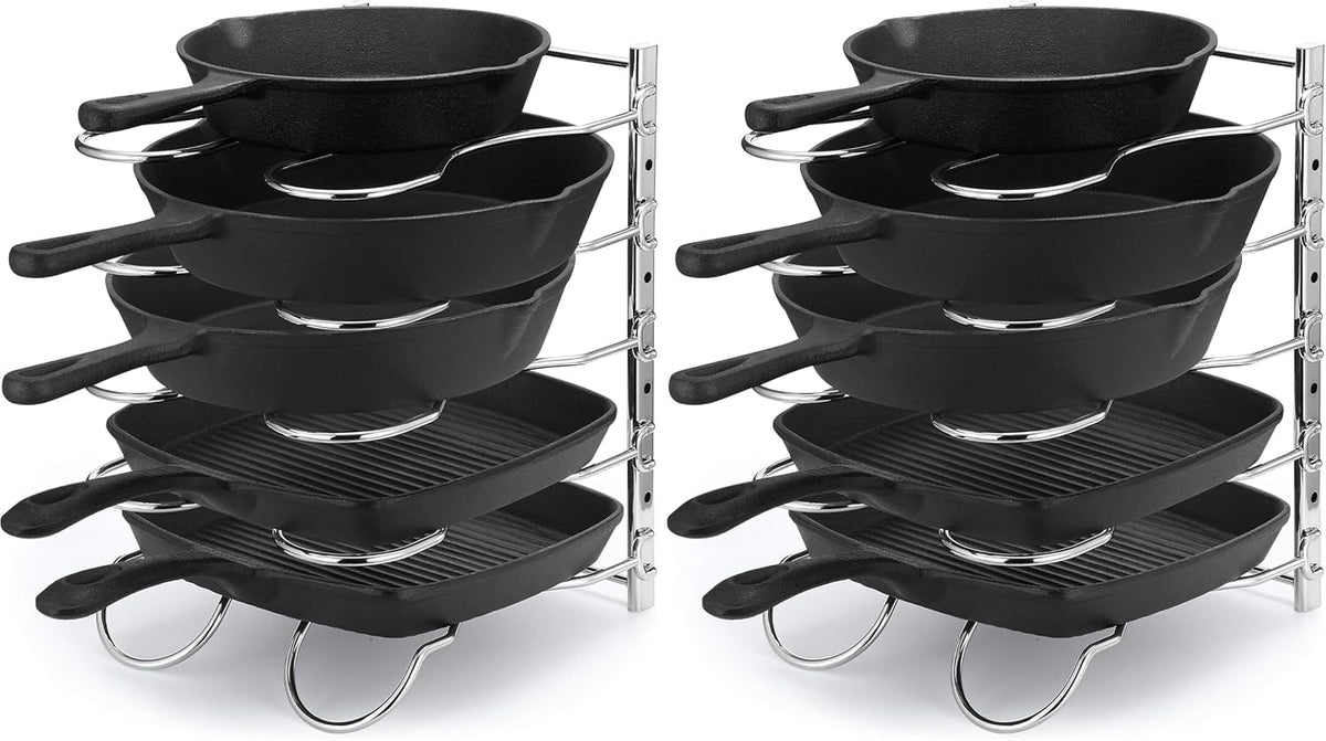 CAXXA Heavy Duty Pan Rack, Pot Lid Rack, Kitchen Cabinet Pantry Cookware Organizer Rack Holder with 5 Adjustable Dividers, Chrome