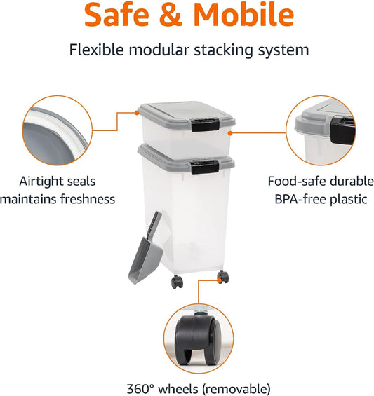 Airtight Pet Food Storage Container with Scoop, BPA Free, Removable Wheels, 69 QT, Gray